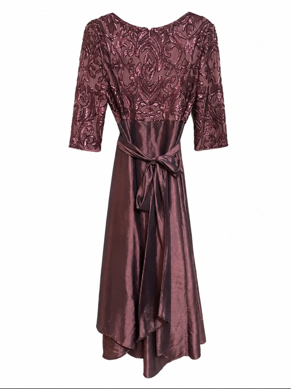 R&M Richards Plum Lace High-Low Dress with Waist Bow